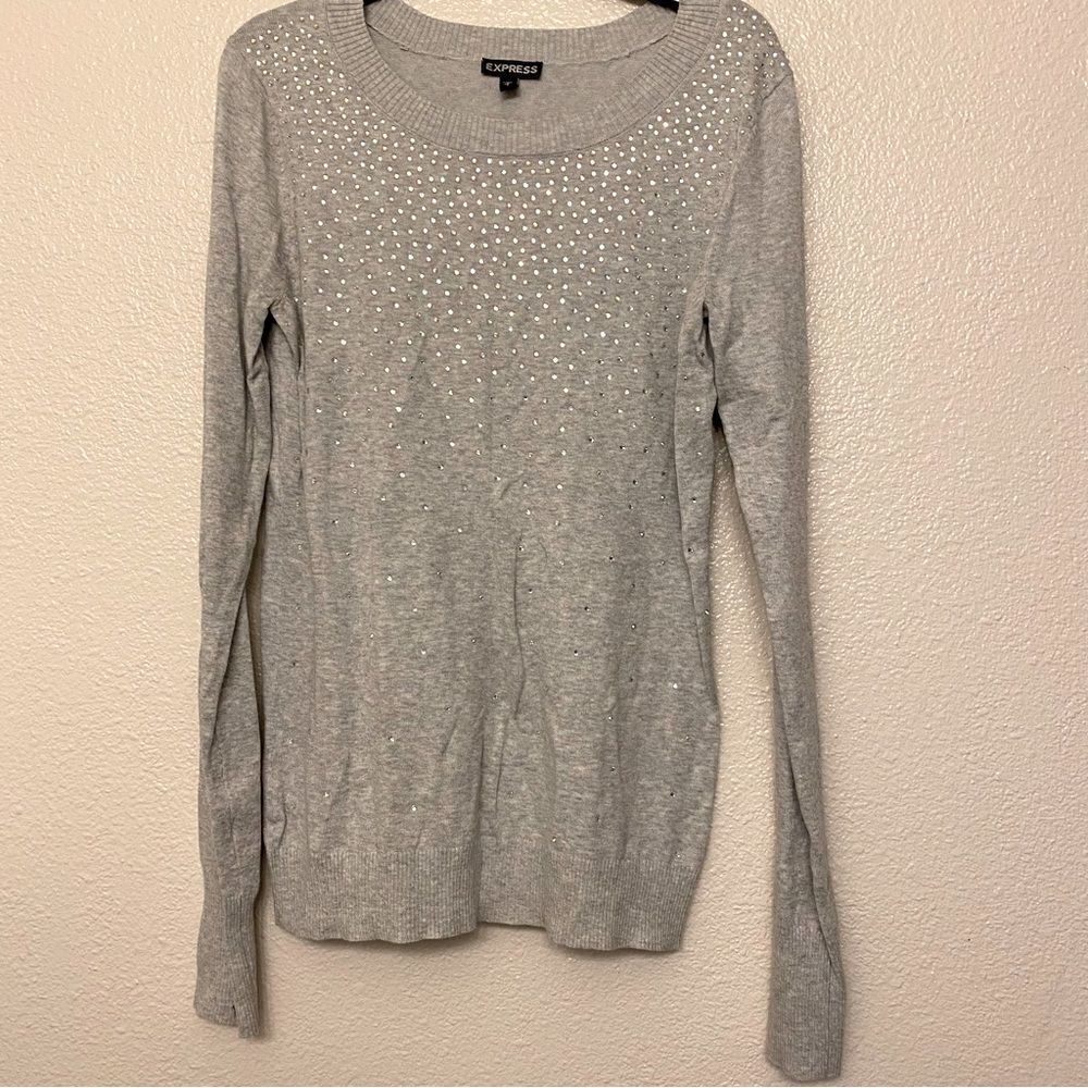 Express lightweight gray crewneck sweater sparkle rhinestones glam bling -S